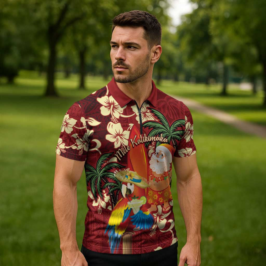 Crimson Red Tropical Christmas Hawaii Tapa Zipper Polo Shirt Aloha Santa Drink Party LT7 - Polynesian Pride