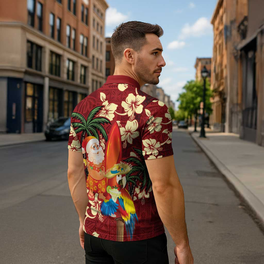 Crimson Red Tropical Christmas Hawaii Tapa Zipper Polo Shirt Aloha Santa Drink Party LT7 - Polynesian Pride