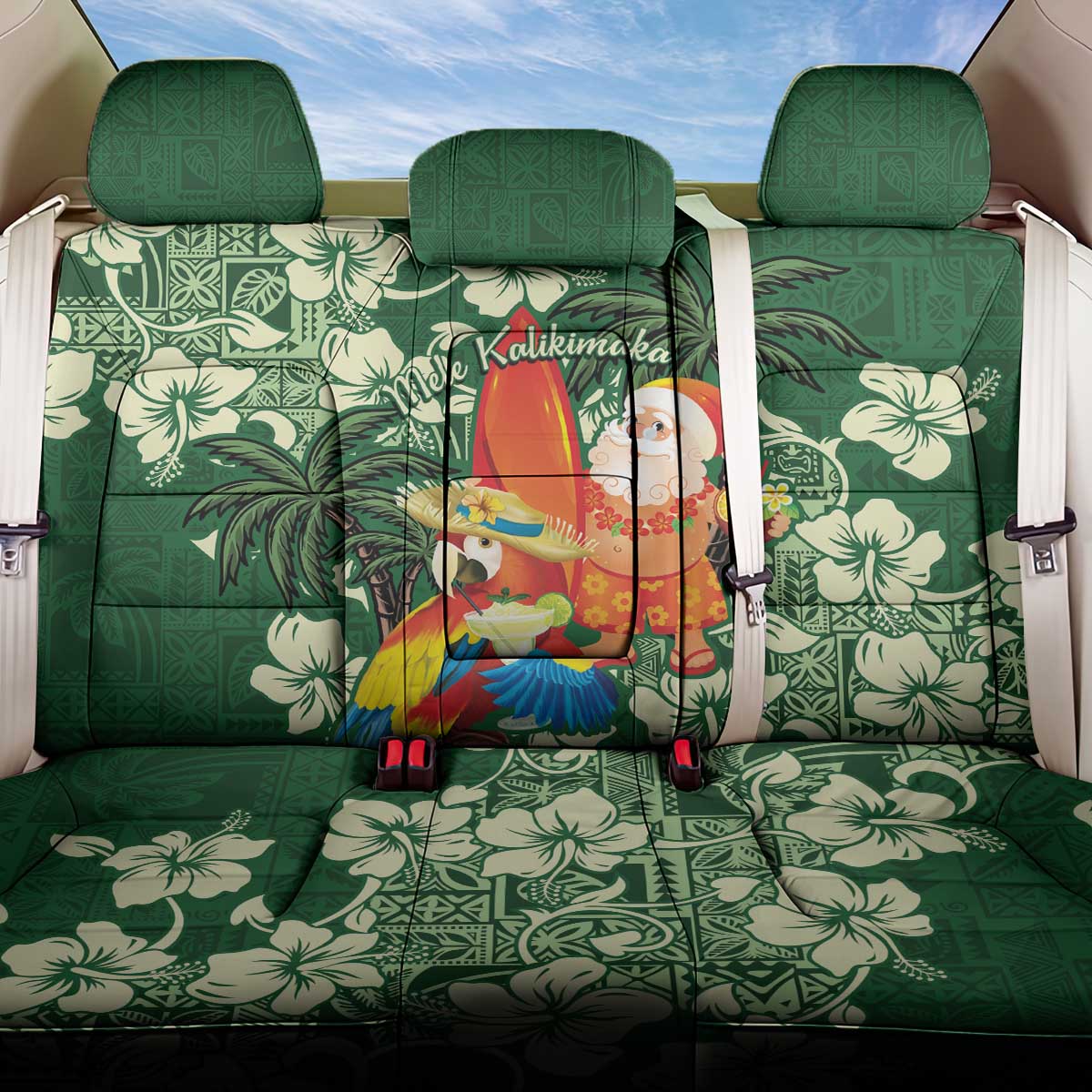 Moss Green Tropical Christmas Hawaii Tapa Back Car Seat Cover Aloha Santa Drink Party LT7 One Size Green - Polynesian Pride