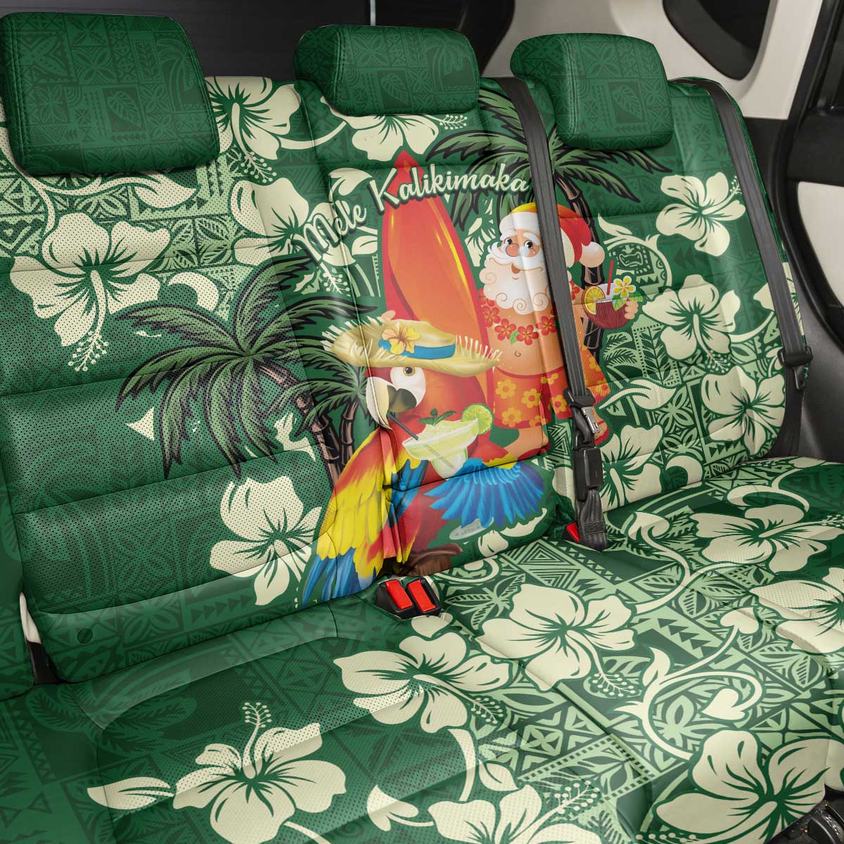 Moss Green Tropical Christmas Hawaii Tapa Back Car Seat Cover Aloha Santa Drink Party LT7 - Polynesian Pride