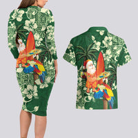 Moss Green Tropical Christmas Hawaii Tapa Couples Matching Long Sleeve Bodycon Dress and Hawaiian Shirt Aloha Santa Drink Party LT7 - Polynesian Pride