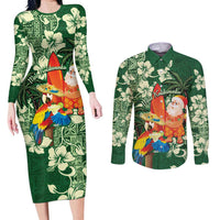Moss Green Tropical Christmas Hawaii Tapa Couples Matching Long Sleeve Bodycon Dress and Long Sleeve Button Shirt Aloha Santa Drink Party LT7 Green - Polynesian Pride