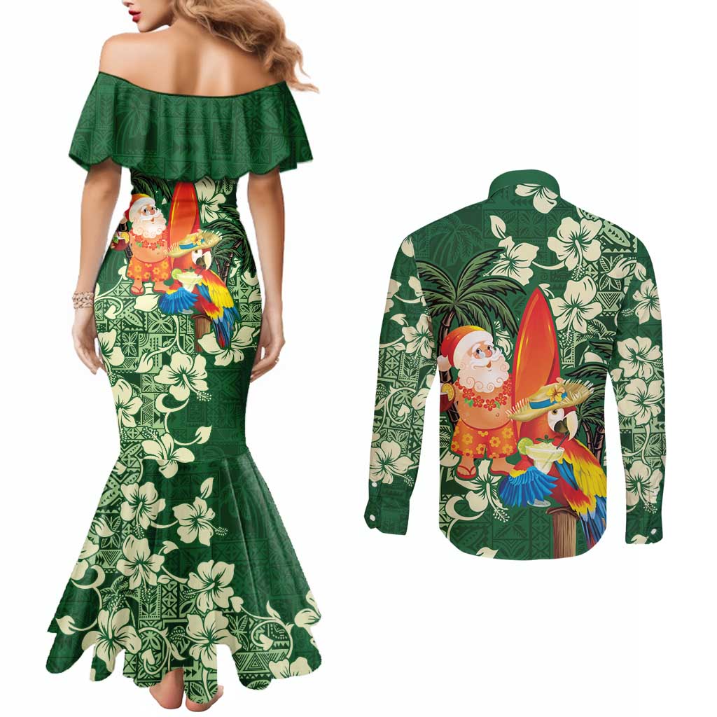 Moss Green Tropical Christmas Hawaii Tapa Couples Matching Mermaid Dress and Long Sleeve Button Shirt Aloha Santa Drink Party LT7 - Polynesian Pride