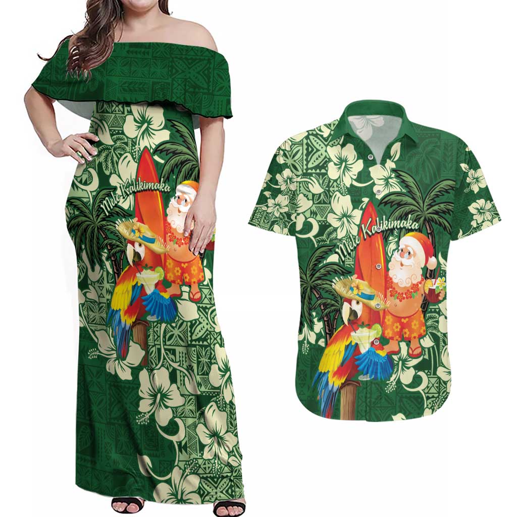 Moss Green Tropical Christmas Hawaii Tapa Couples Matching Off Shoulder Maxi Dress and Hawaiian Shirt Aloha Santa Drink Party - Polynesian Pride