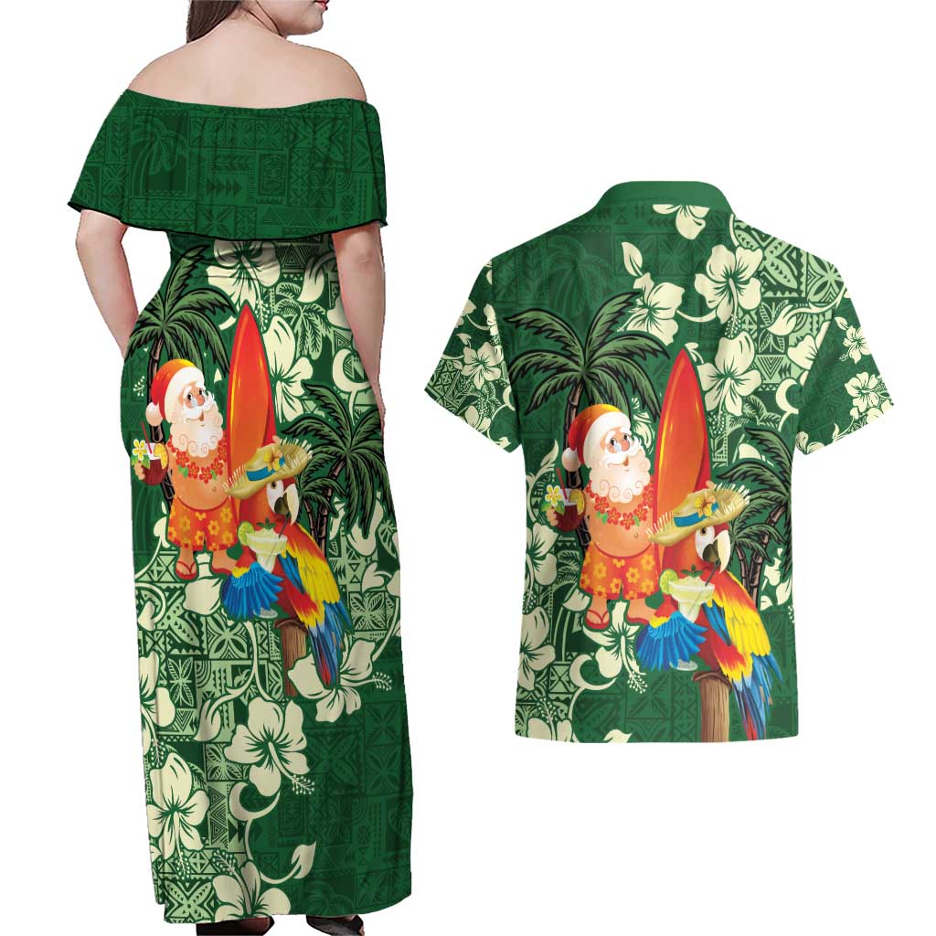 Moss Green Tropical Christmas Hawaii Tapa Couples Matching Off Shoulder Maxi Dress and Hawaiian Shirt Aloha Santa Drink Party LT7 - Polynesian Pride