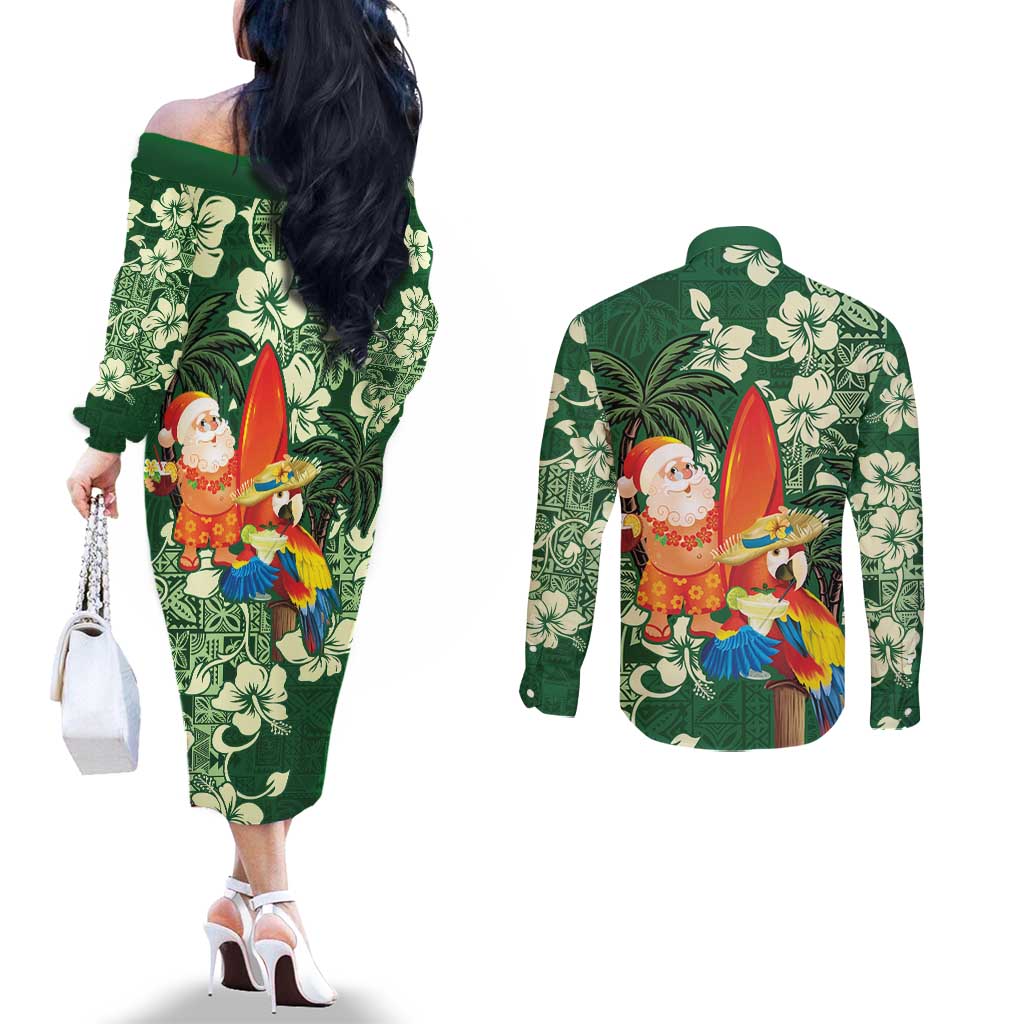 Moss Green Tropical Christmas Hawaii Tapa Couples Matching Off The Shoulder Long Sleeve Dress and Long Sleeve Button Shirt Aloha Santa Drink Party LT7 - Polynesian Pride