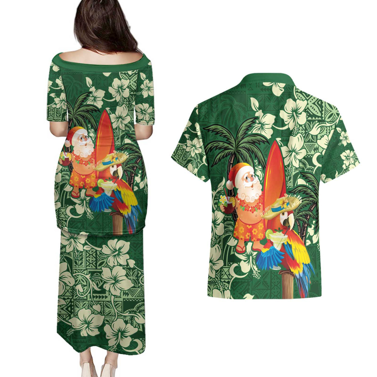 Moss Green Tropical Christmas Hawaii Tapa Couples Matching Puletasi and Hawaiian Shirt Aloha Santa Drink Party LT7 - Polynesian Pride