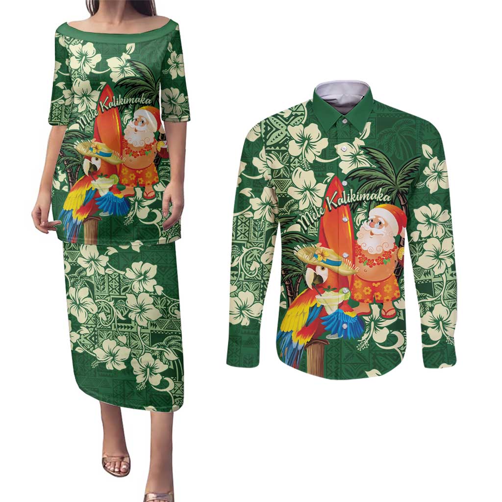 Moss Green Tropical Christmas Hawaii Tapa Couples Matching Puletasi and Long Sleeve Button Shirt Aloha Santa Drink Party LT7 Green - Polynesian Pride