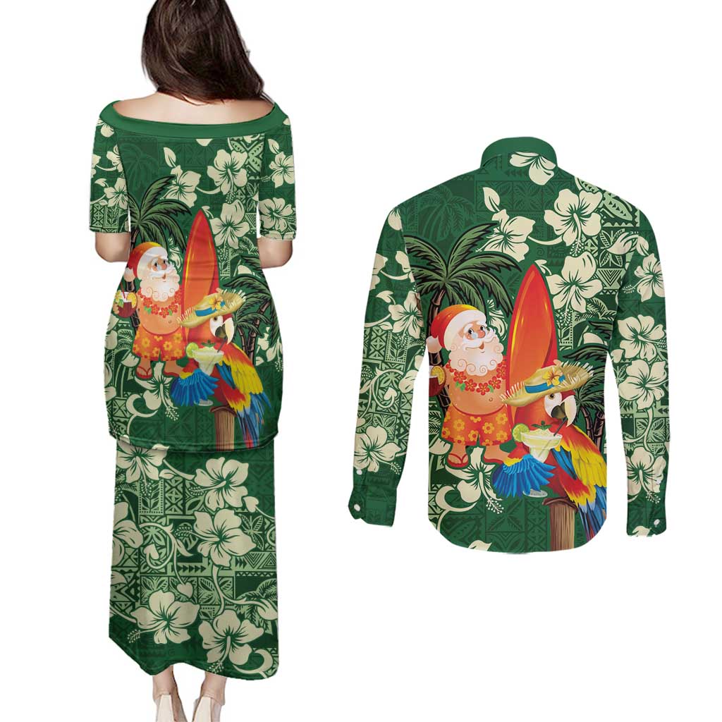 Moss Green Tropical Christmas Hawaii Tapa Couples Matching Puletasi and Long Sleeve Button Shirt Aloha Santa Drink Party LT7 - Polynesian Pride