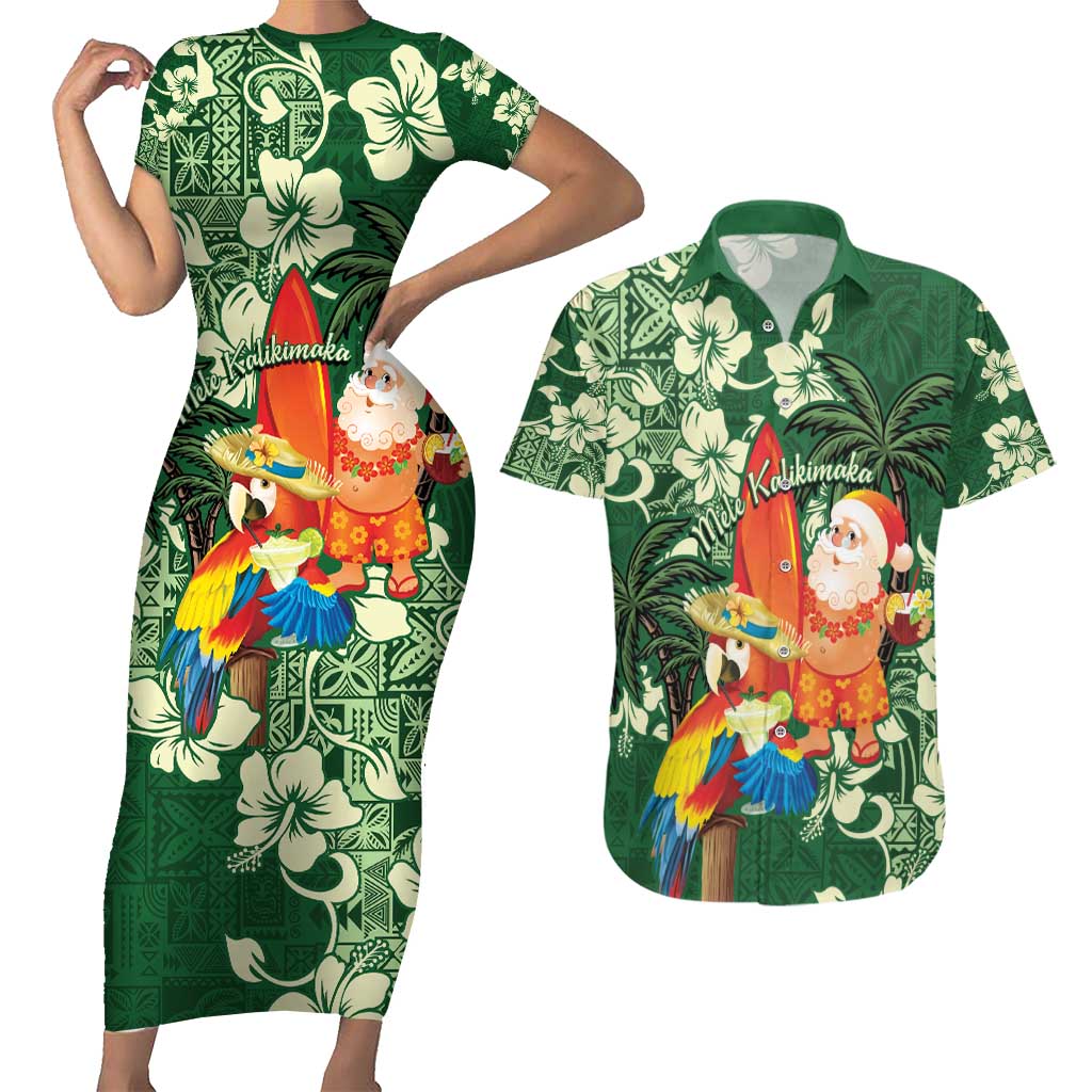 Moss Green Tropical Christmas Hawaii Tapa Couples Matching Short Sleeve Bodycon Dress and Hawaiian Shirt Aloha Santa Drink Party LT7 Green - Polynesian Pride