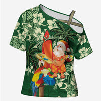 Moss Green Tropical Christmas Hawaii Tapa Cross Shoulder Shirt Aloha Santa Drink Party LT7 Female Green - Polynesian Pride
