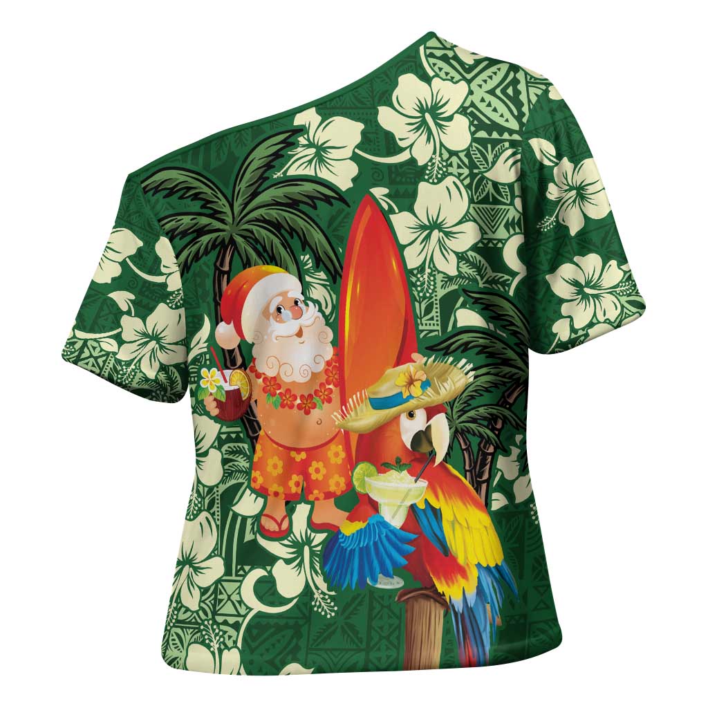 Moss Green Tropical Christmas Hawaii Tapa Cross Shoulder Shirt Aloha Santa Drink Party LT7 - Polynesian Pride