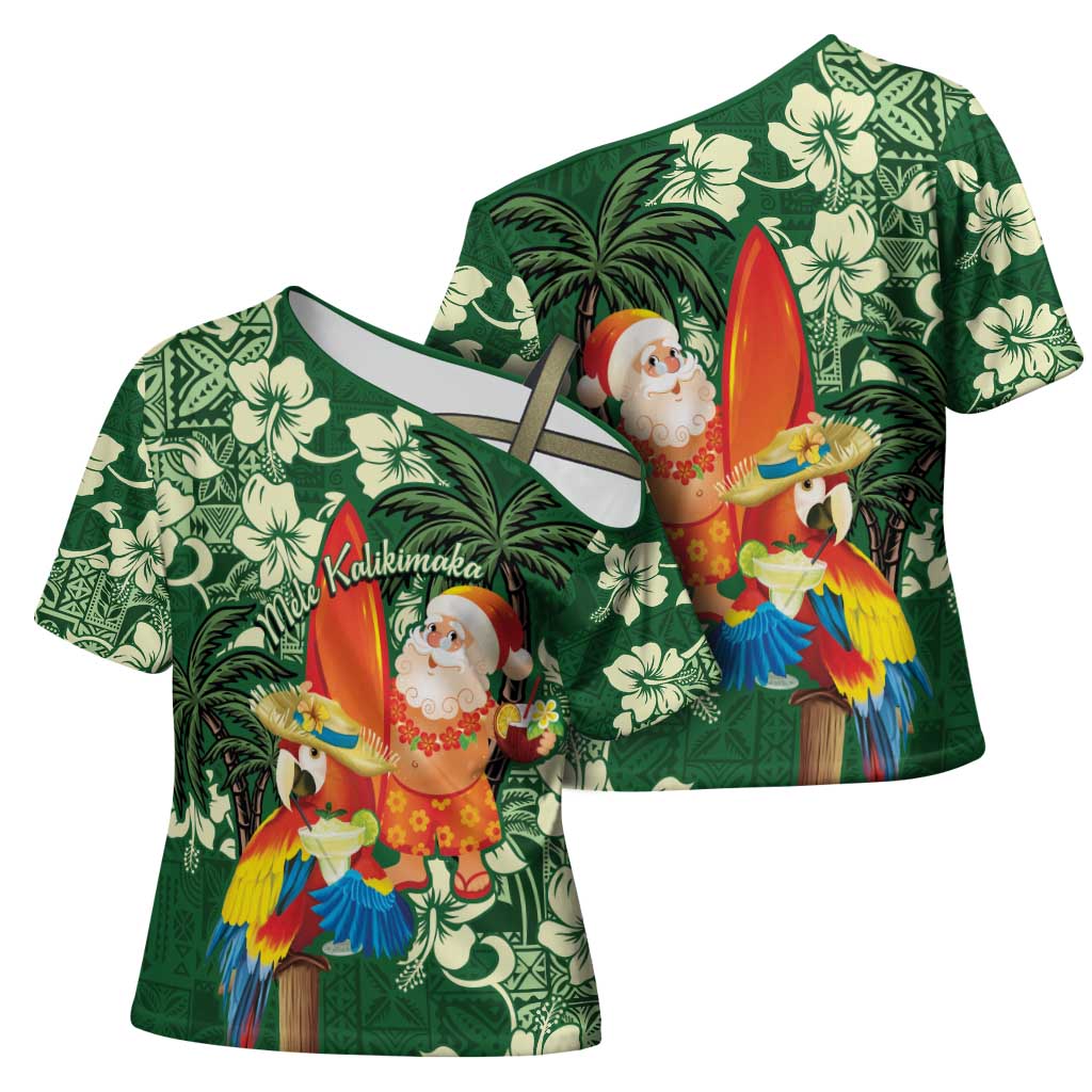 Moss Green Tropical Christmas Hawaii Tapa Cross Shoulder Shirt Aloha Santa Drink Party LT7 - Polynesian Pride