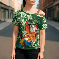 Moss Green Tropical Christmas Hawaii Tapa Cross Shoulder Shirt Aloha Santa Drink Party LT7 - Polynesian Pride