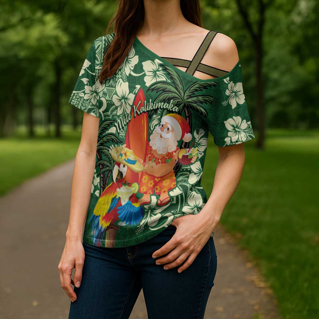 Moss Green Tropical Christmas Hawaii Tapa Cross Shoulder Shirt Aloha Santa Drink Party LT7 - Polynesian Pride