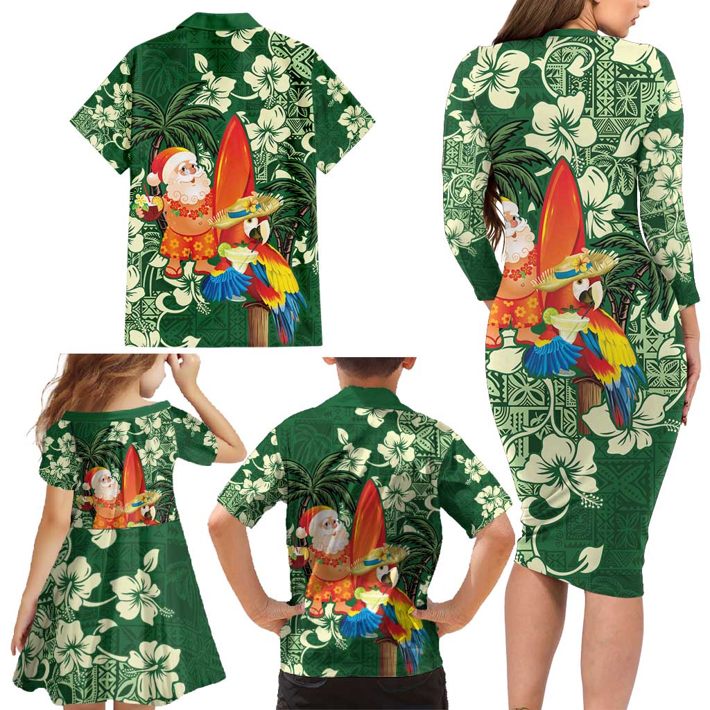 Moss Green Tropical Christmas Hawaii Tapa Family Matching Long Sleeve Bodycon Dress and Hawaiian Shirt Aloha Santa Drink Party LT7 - Polynesian Pride