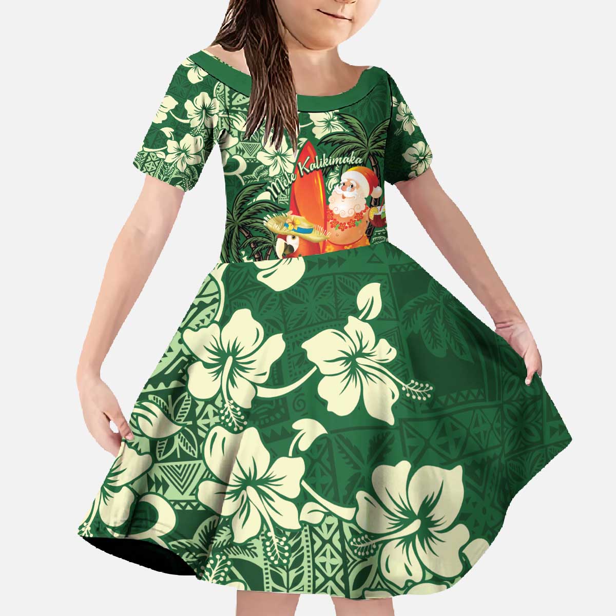 Moss Green Tropical Christmas Hawaii Tapa Family Matching Off The Shoulder Long Sleeve Dress and Hawaiian Shirt Aloha Santa Drink Party LT7 Daughter's Dress Green - Polynesian Pride
