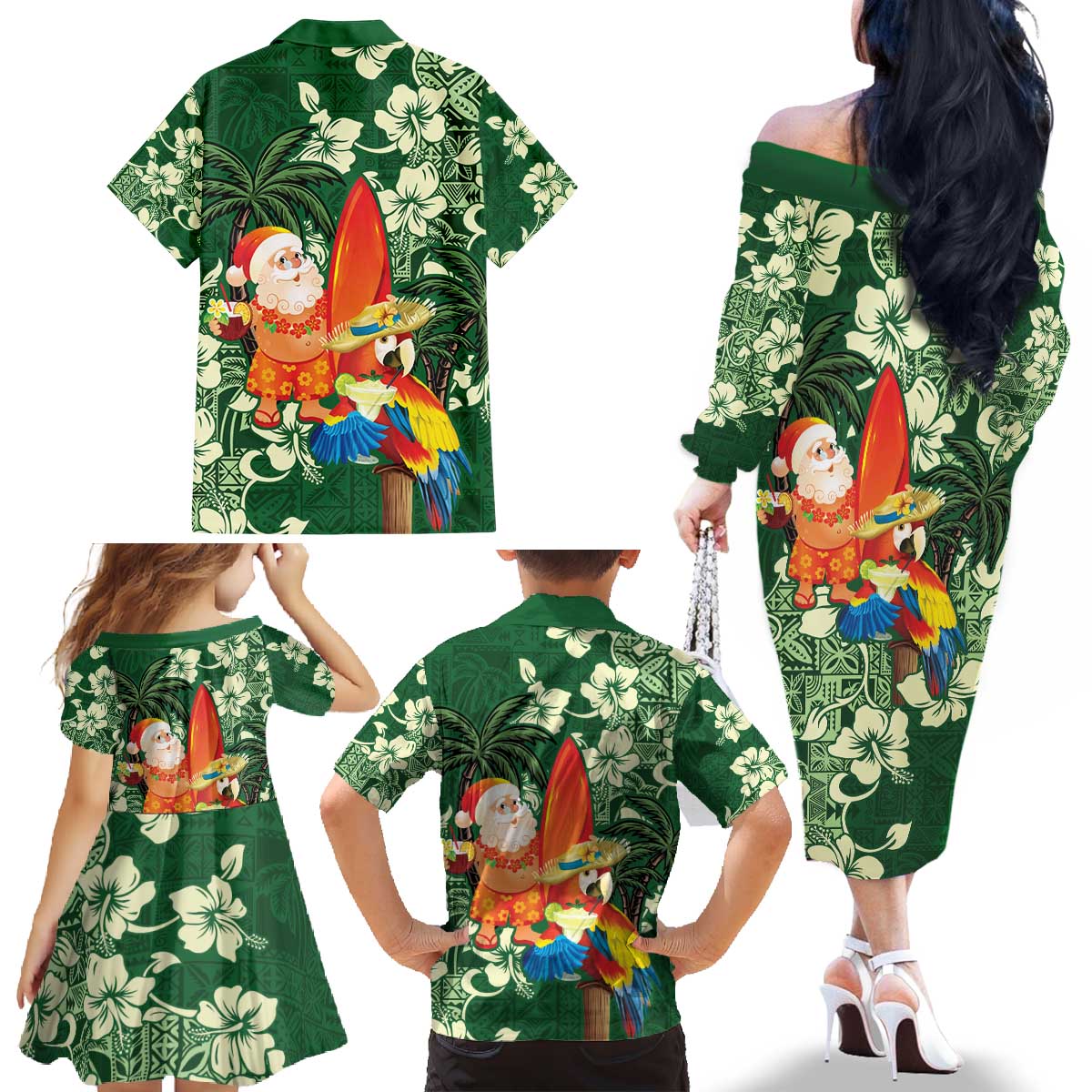 Moss Green Tropical Christmas Hawaii Tapa Family Matching Off The Shoulder Long Sleeve Dress and Hawaiian Shirt Aloha Santa Drink Party LT7 - Polynesian Pride