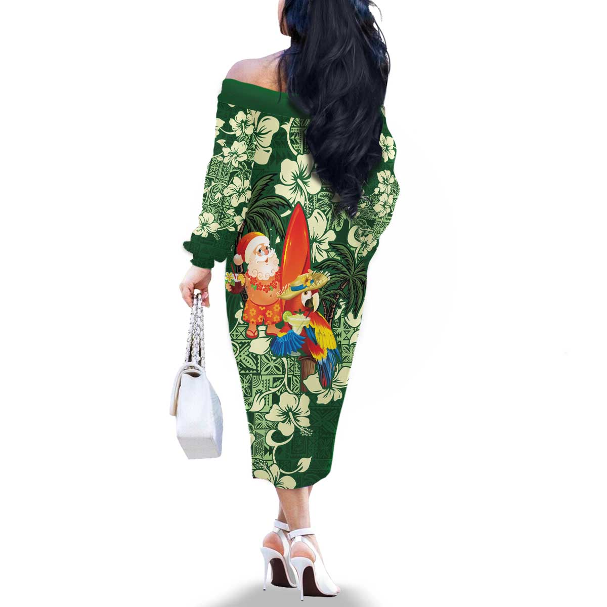 Moss Green Tropical Christmas Hawaii Tapa Family Matching Off The Shoulder Long Sleeve Dress and Hawaiian Shirt Aloha Santa Drink Party LT7 - Polynesian Pride