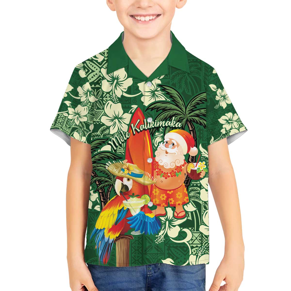 Moss Green Tropical Christmas Hawaii Tapa Family Matching Off The Shoulder Long Sleeve Dress and Hawaiian Shirt Aloha Santa Drink Party LT7 Son's Shirt Green - Polynesian Pride