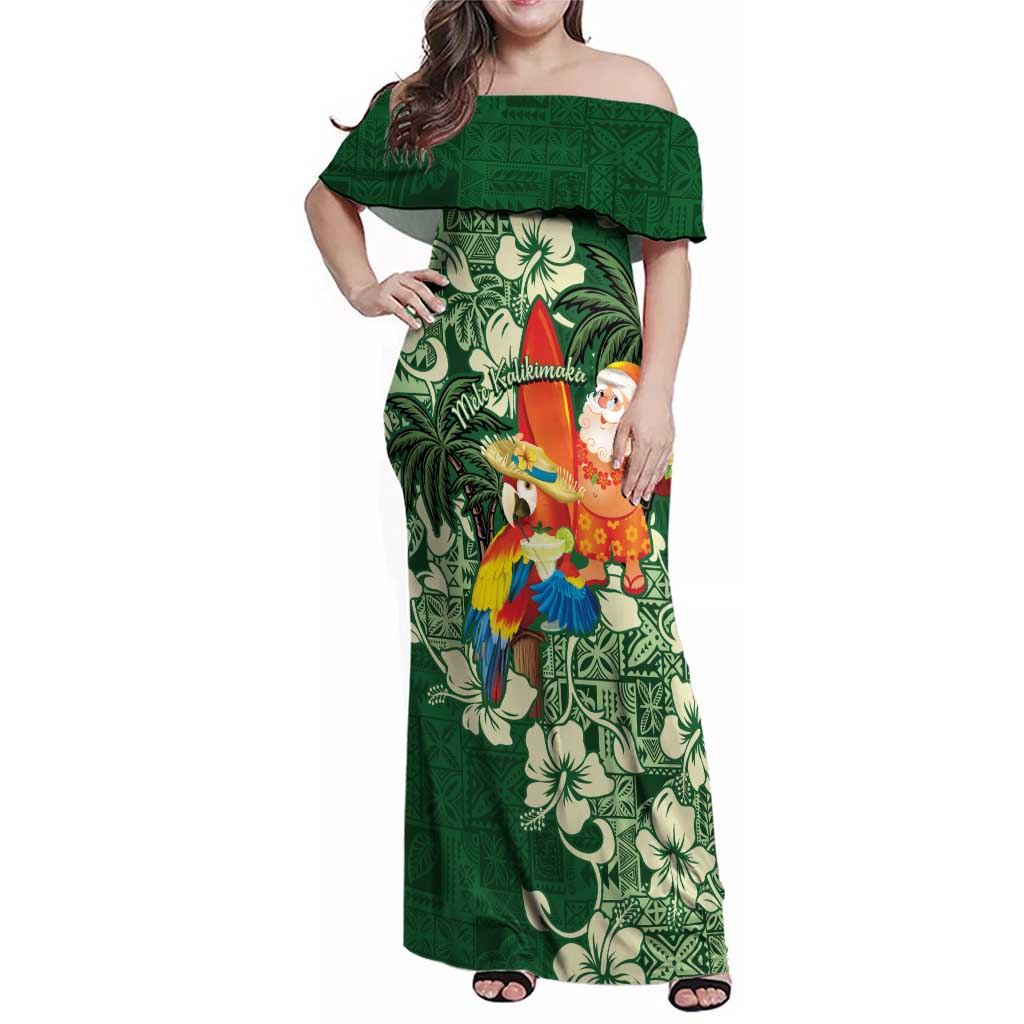 Moss Green Tropical Christmas Hawaii Tapa Family Matching Off Shoulder Maxi Dress and Hawaiian Shirt Aloha Santa Drink Party LT7 Mom's Dress Green - Polynesian Pride