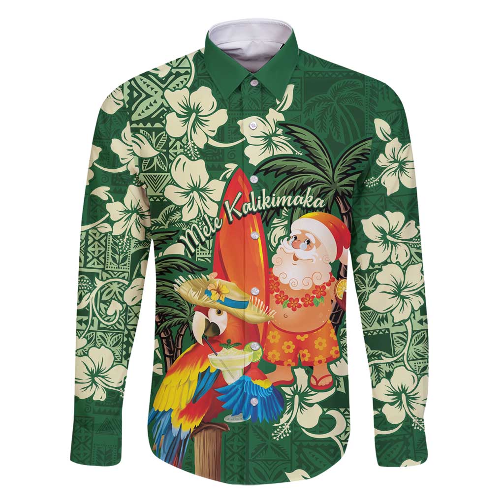 Moss Green Tropical Christmas Hawaii Tapa Family Matching Puletasi and Hawaiian Shirt Aloha Santa Drink Party LT7 Dad's Shirt - Long Sleeve Green - Polynesian Pride