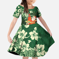 Moss Green Tropical Christmas Hawaii Tapa Family Matching Summer Maxi Dress and Hawaiian Shirt Aloha Santa Drink Party LT7 Daughter's Dress Green - Polynesian Pride