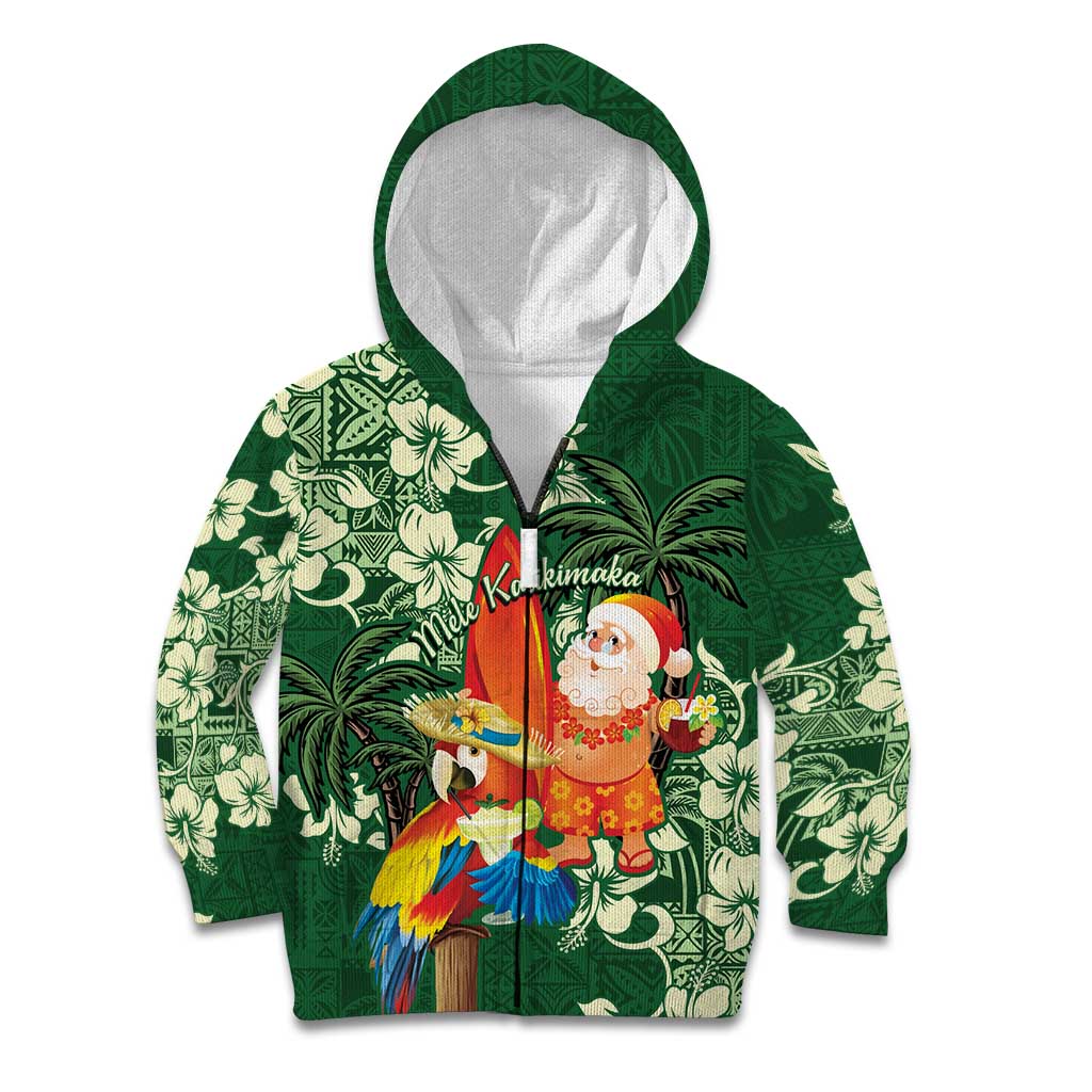 Moss Green Tropical Christmas Hawaii Tapa Kid Hoodie Aloha Santa Drink Party LT7 Zip Hoodie Green - Polynesian Pride