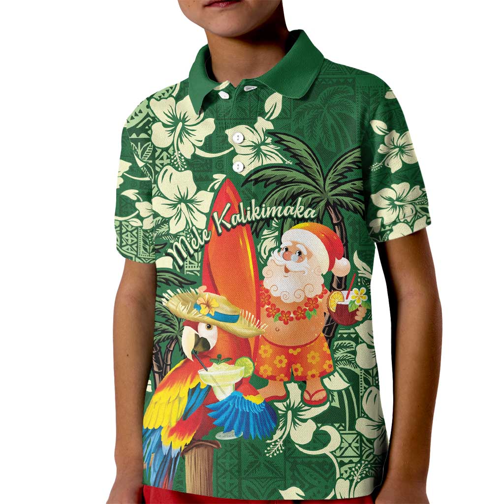 Moss Green Tropical Christmas Hawaii Tapa Kid Polo Shirt Aloha Santa Drink Party LT7 Kid Green - Polynesian Pride