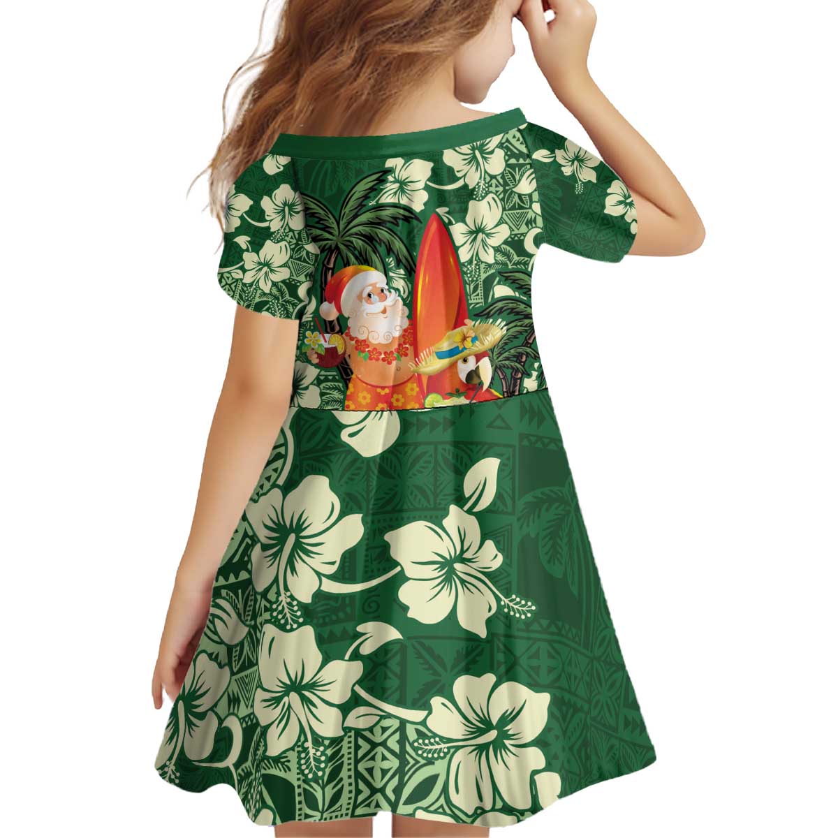 Moss Green Tropical Christmas Hawaii Tapa Kid Short Sleeve Dress Aloha Santa Drink Party LT7 - Polynesian Pride
