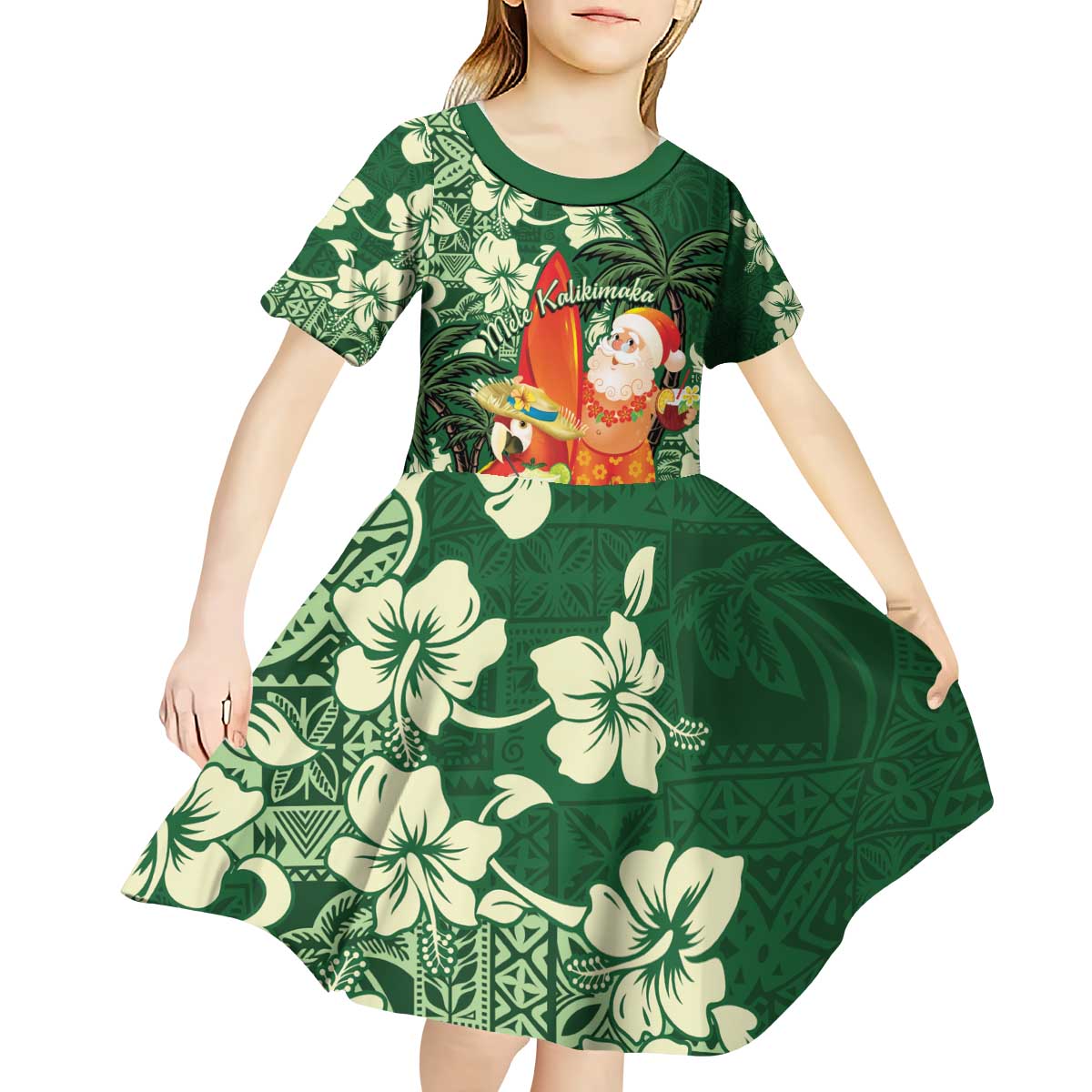 Moss Green Tropical Christmas Hawaii Tapa Kid Short Sleeve Dress Aloha Santa Drink Party LT7 - Polynesian Pride