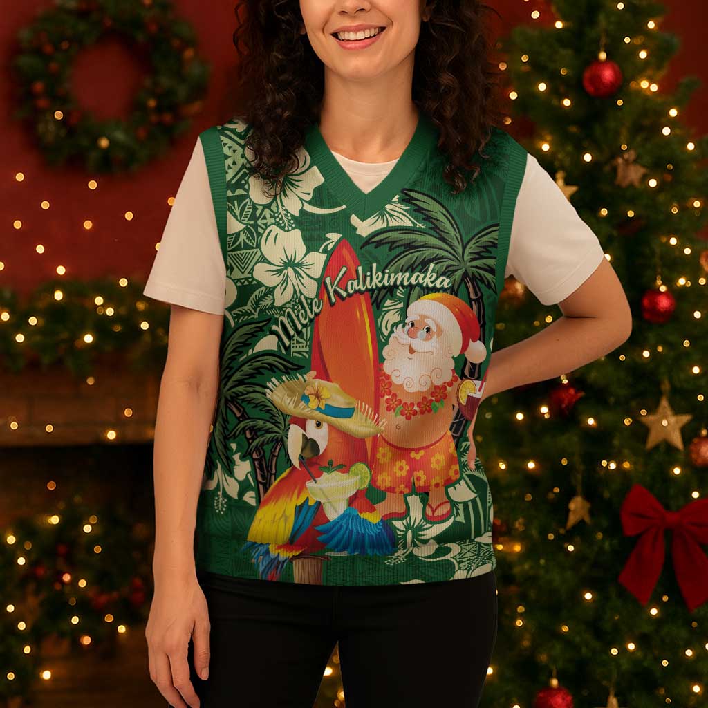 Moss Green Tropical Christmas Hawaii Tapa Christmas Knitted V-Neck Vest Aloha Santa Drink Party LT7 - Polynesian Pride
