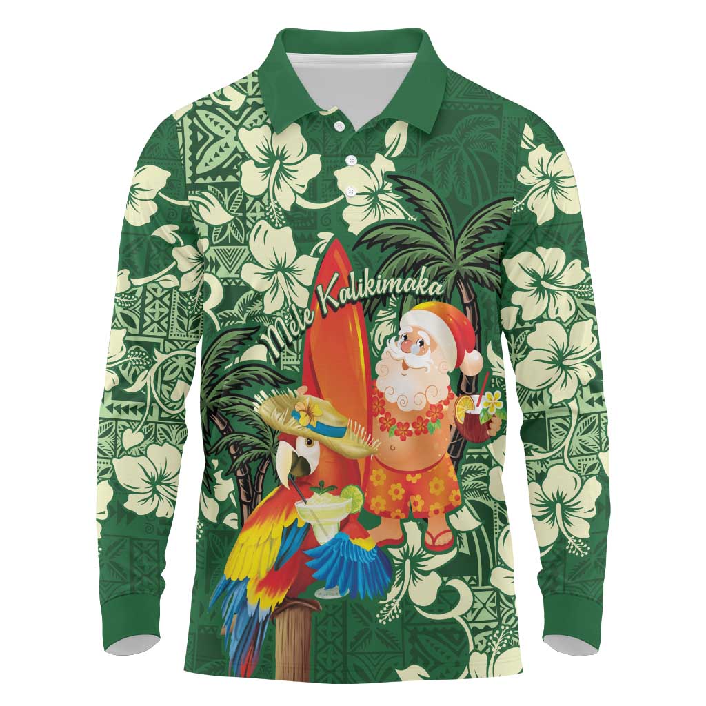 Moss Green Tropical Christmas Hawaii Tapa Long Sleeve Polo Shirt Aloha Santa Drink Party LT7 Green - Polynesian Pride