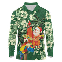 Moss Green Tropical Christmas Hawaii Tapa Long Sleeve Polo Shirt Aloha Santa Drink Party LT7 Green - Polynesian Pride