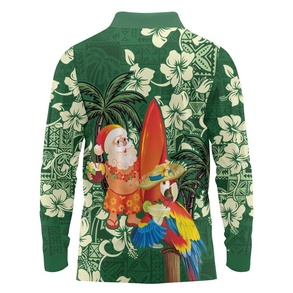 Moss Green Tropical Christmas Hawaii Tapa Long Sleeve Polo Shirt Aloha Santa Drink Party LT7 - Polynesian Pride