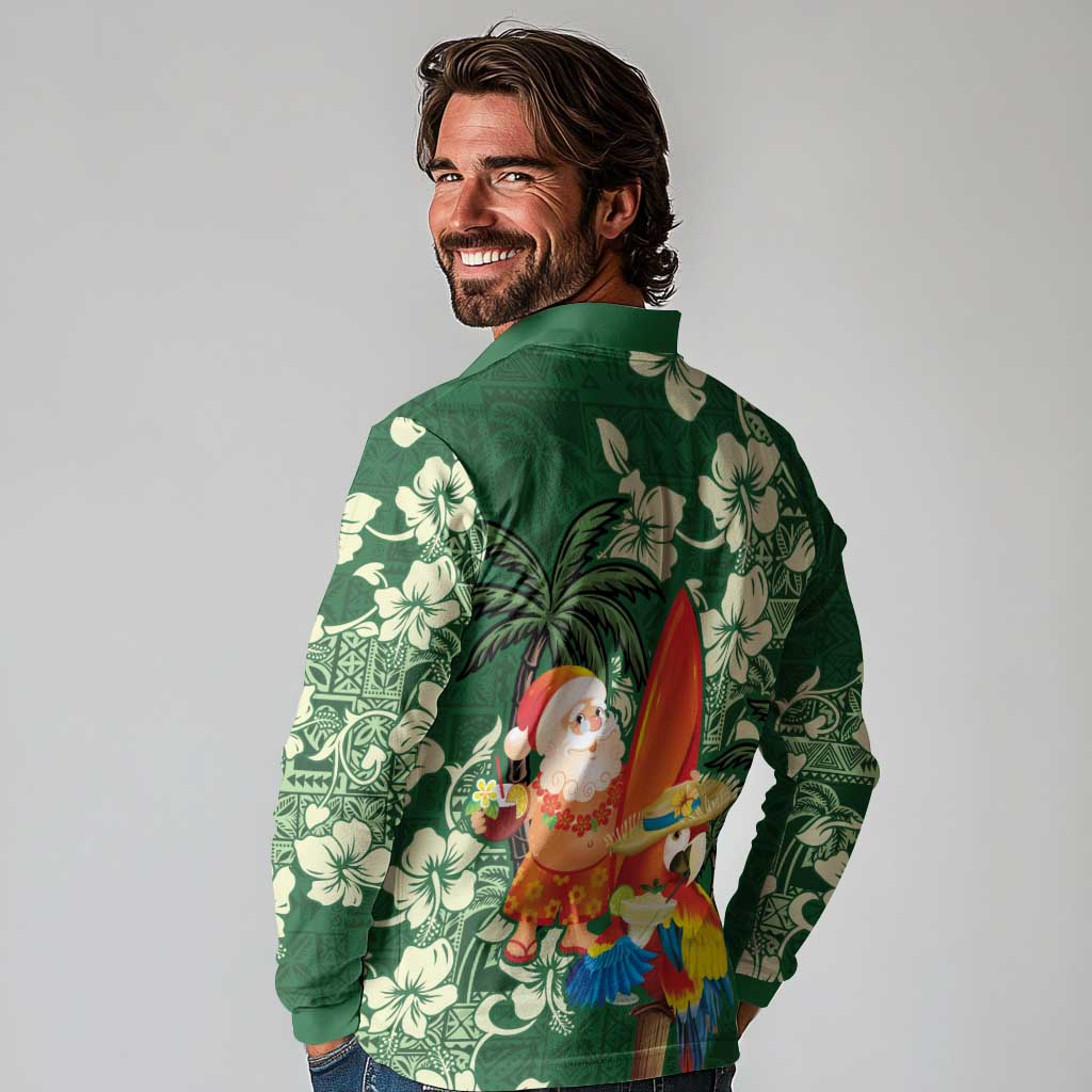 Moss Green Tropical Christmas Hawaii Tapa Long Sleeve Polo Shirt Aloha Santa Drink Party LT7 - Polynesian Pride