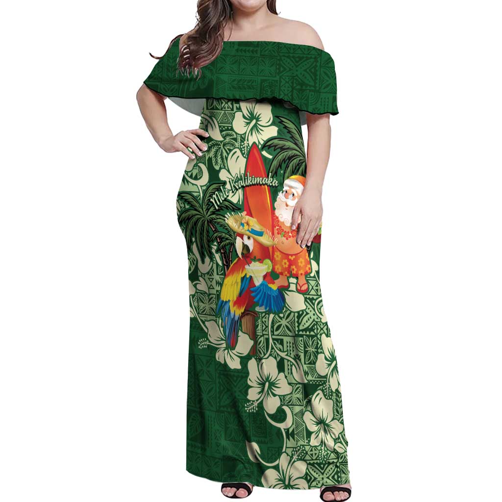 Moss Green Tropical Christmas Hawaii Tapa Off Shoulder Maxi Dress Aloha Santa Drink Party LT7 Women Green - Polynesian Pride