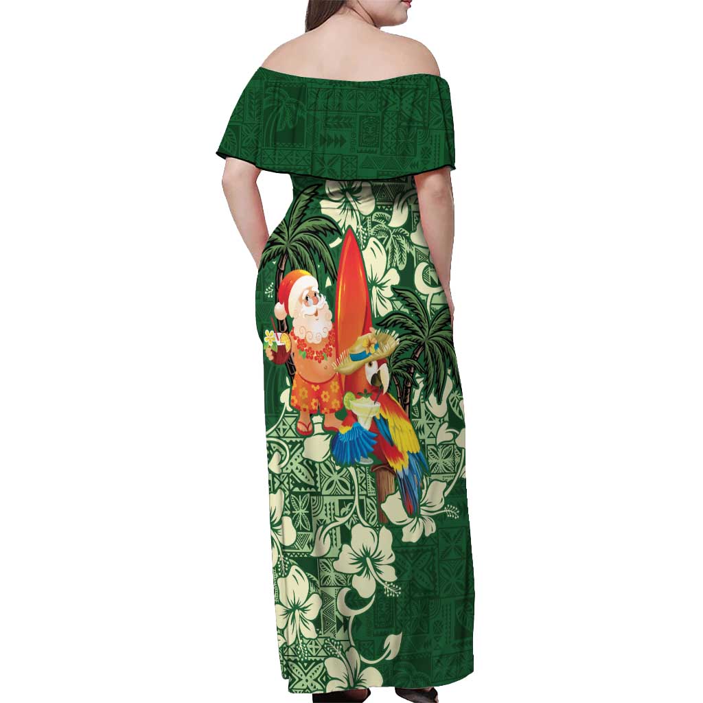 Moss Green Tropical Christmas Hawaii Tapa Off Shoulder Maxi Dress Aloha Santa Drink Party LT7 - Polynesian Pride