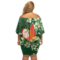 Moss Green Tropical Christmas Hawaii Tapa Off Shoulder Short Dress Aloha Santa Drink Party LT7 - Polynesian Pride
