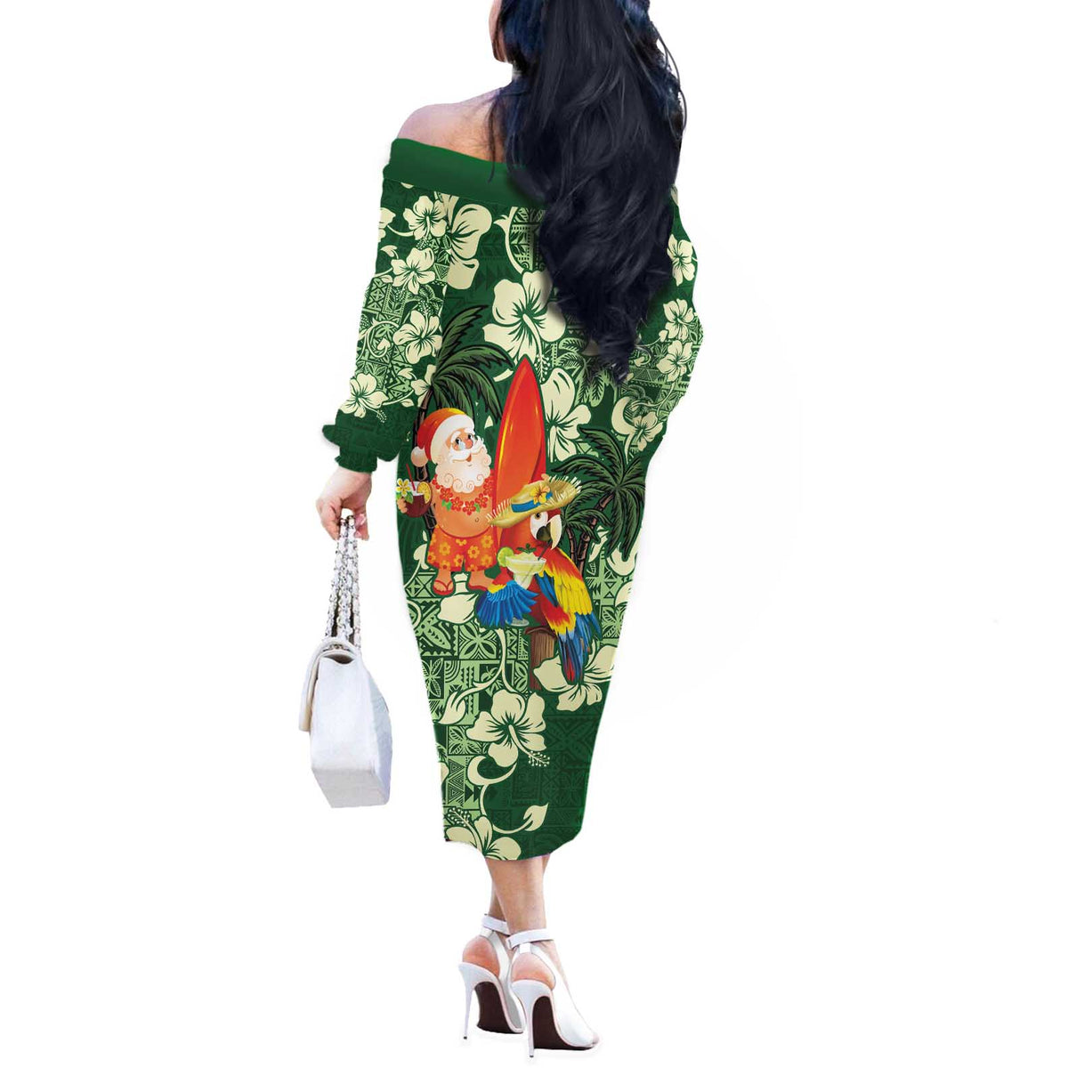 Moss Green Tropical Christmas Hawaii Tapa Off The Shoulder Long Sleeve Dress Aloha Santa Drink Party LT7 - Polynesian Pride
