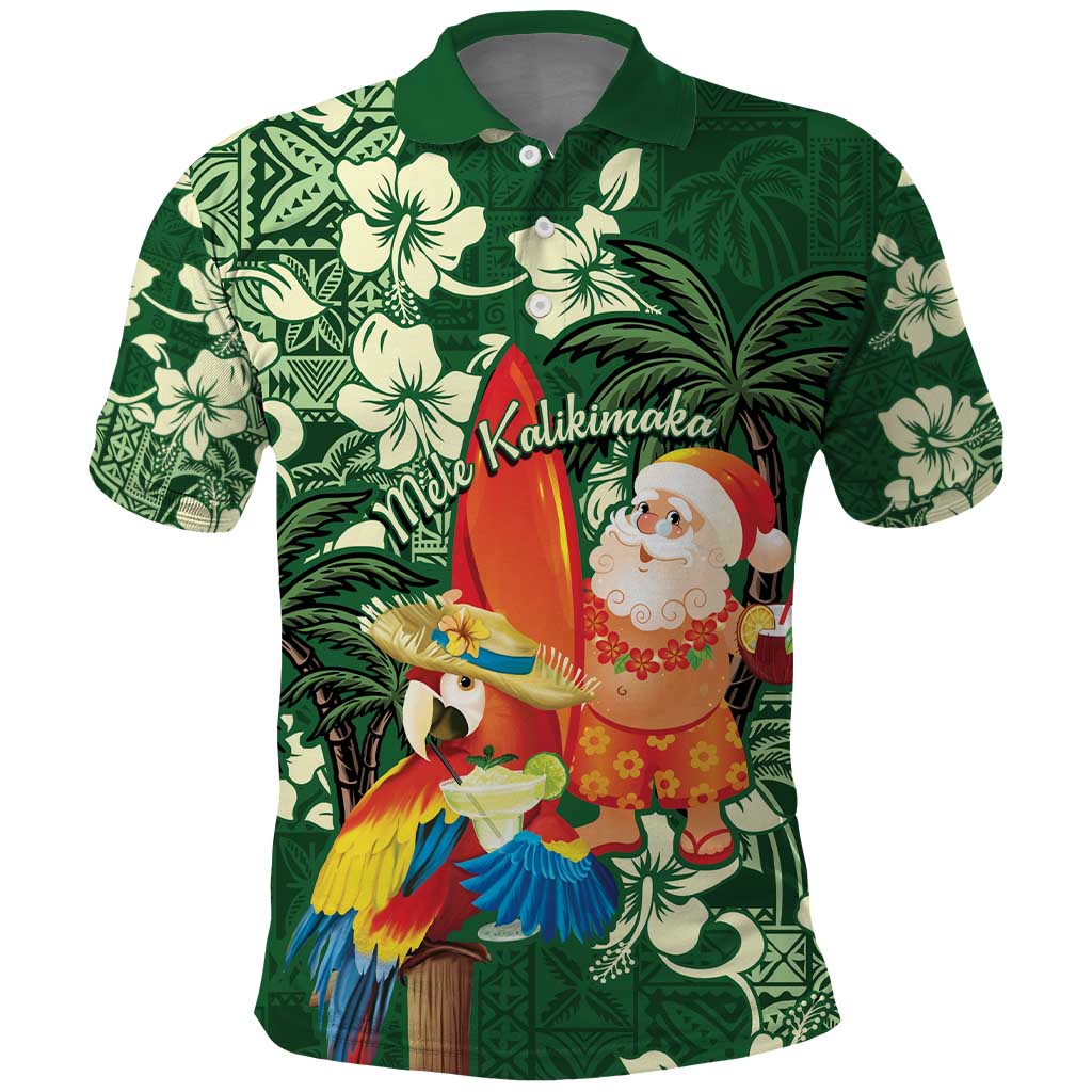 Moss Green Tropical Christmas Hawaii Tapa Polo Shirt Aloha Santa Drink Party LT7 Green - Polynesian Pride
