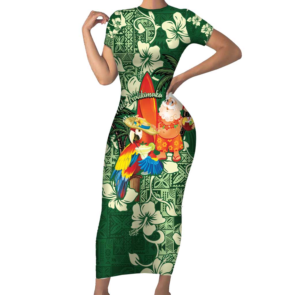 Moss Green Tropical Christmas Hawaii Tapa Short Sleeve Bodycon Dress Aloha Santa Drink Party LT7 Long Dress Green - Polynesian Pride