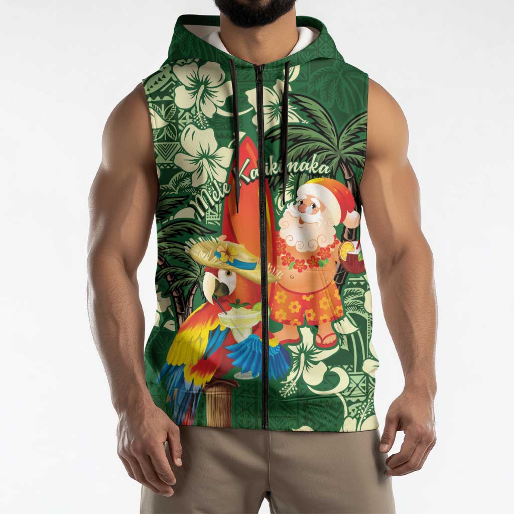 Moss Green Tropical Christmas Hawaii Tapa Sleeveless Zip Hoodie Aloha Santa Drink Party LT7 - Polynesian Pride