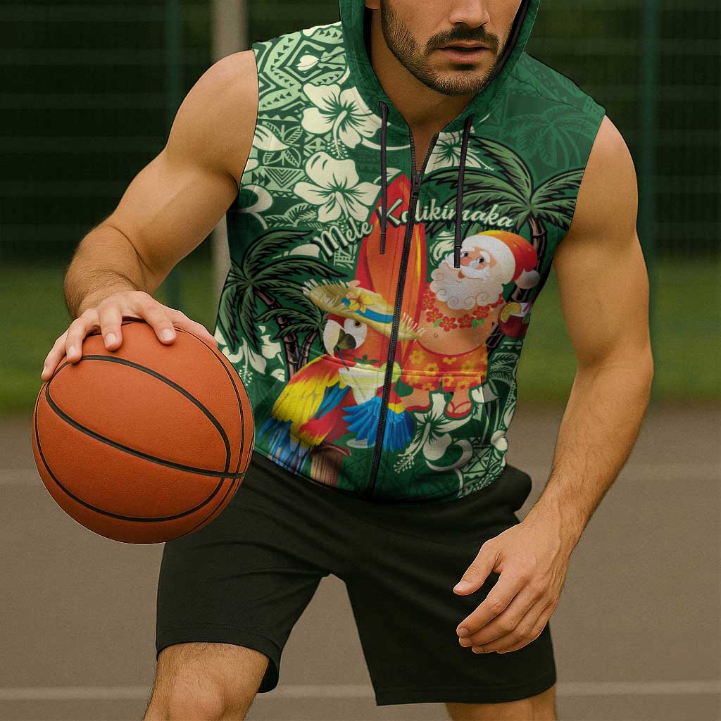 Moss Green Tropical Christmas Hawaii Tapa Sleeveless Zip Hoodie Aloha Santa Drink Party LT7 - Polynesian Pride