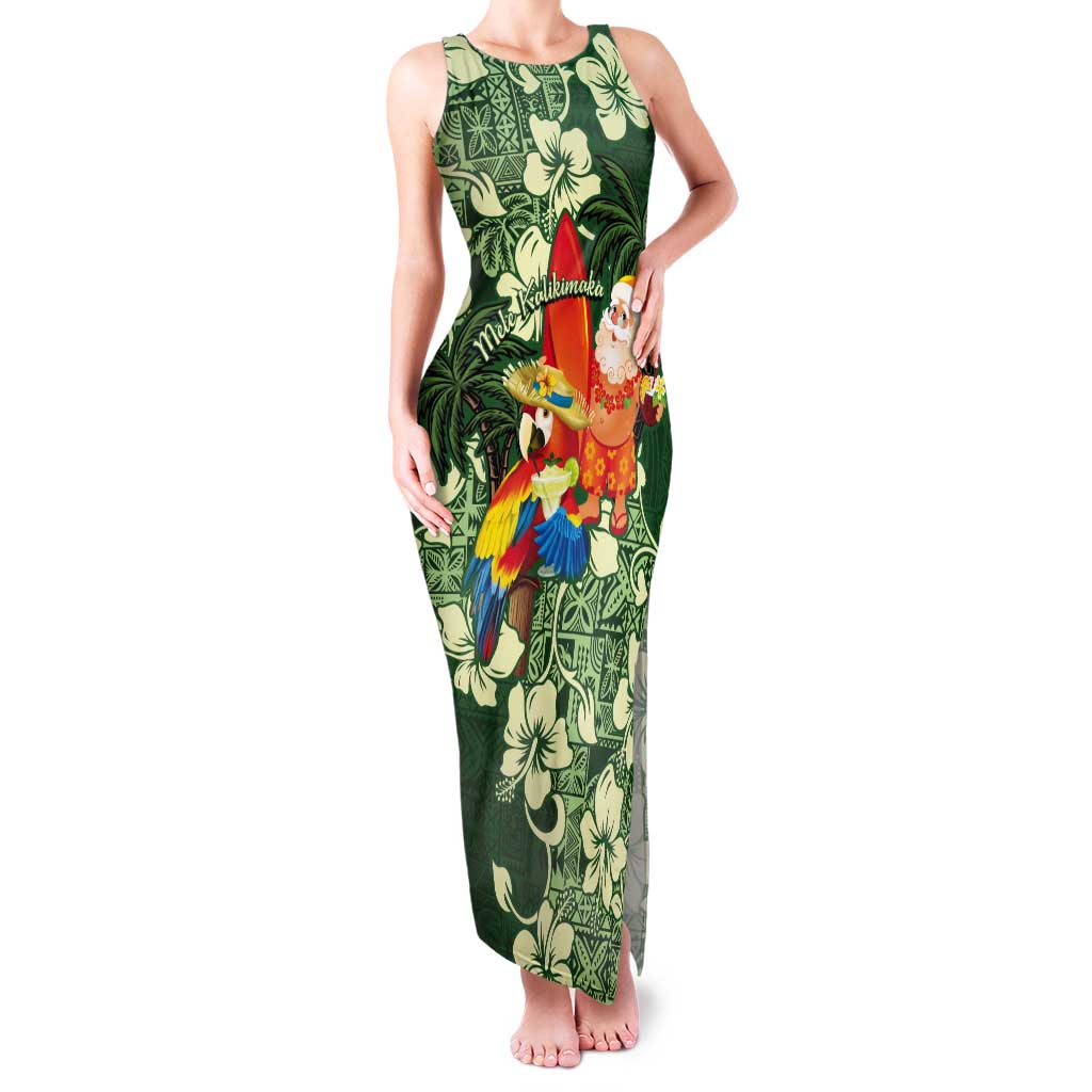 Moss Green Tropical Christmas Hawaii Tapa Tank Maxi Dress Aloha Santa Drink Party LT7 Women Green - Polynesian Pride