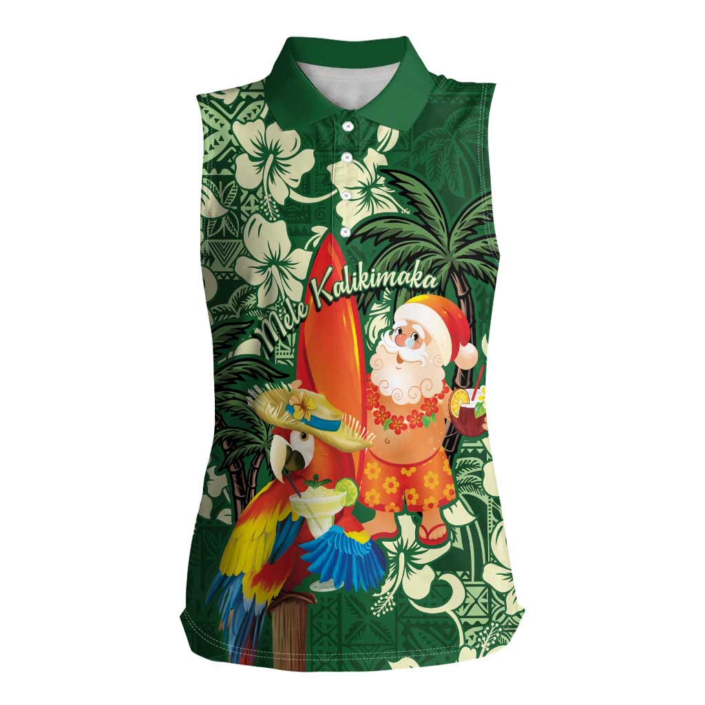 Moss Green Tropical Christmas Hawaii Tapa Women Sleeveless Polo Shirt Aloha Santa Drink Party LT7 Female Green - Polynesian Pride