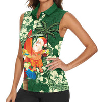 Moss Green Tropical Christmas Hawaii Tapa Women Sleeveless Polo Shirt Aloha Santa Drink Party LT7 - Polynesian Pride