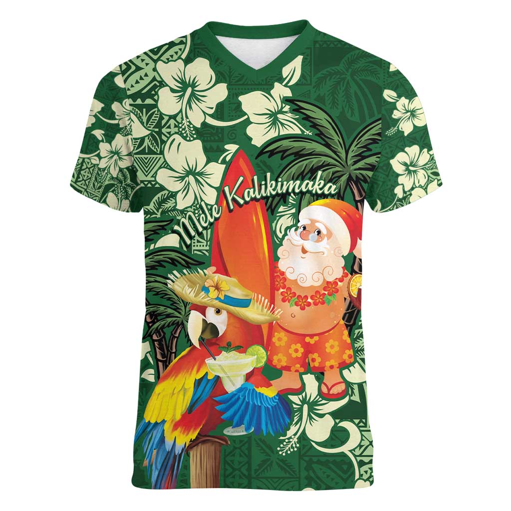Moss Green Tropical Christmas Hawaii Tapa Women V-Neck T-Shirt Aloha Santa Drink Party LT7 Female Green - Polynesian Pride