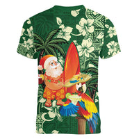 Moss Green Tropical Christmas Hawaii Tapa Women V-Neck T-Shirt Aloha Santa Drink Party LT7 - Polynesian Pride