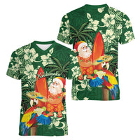 Moss Green Tropical Christmas Hawaii Tapa Women V-Neck T-Shirt Aloha Santa Drink Party LT7 - Polynesian Pride